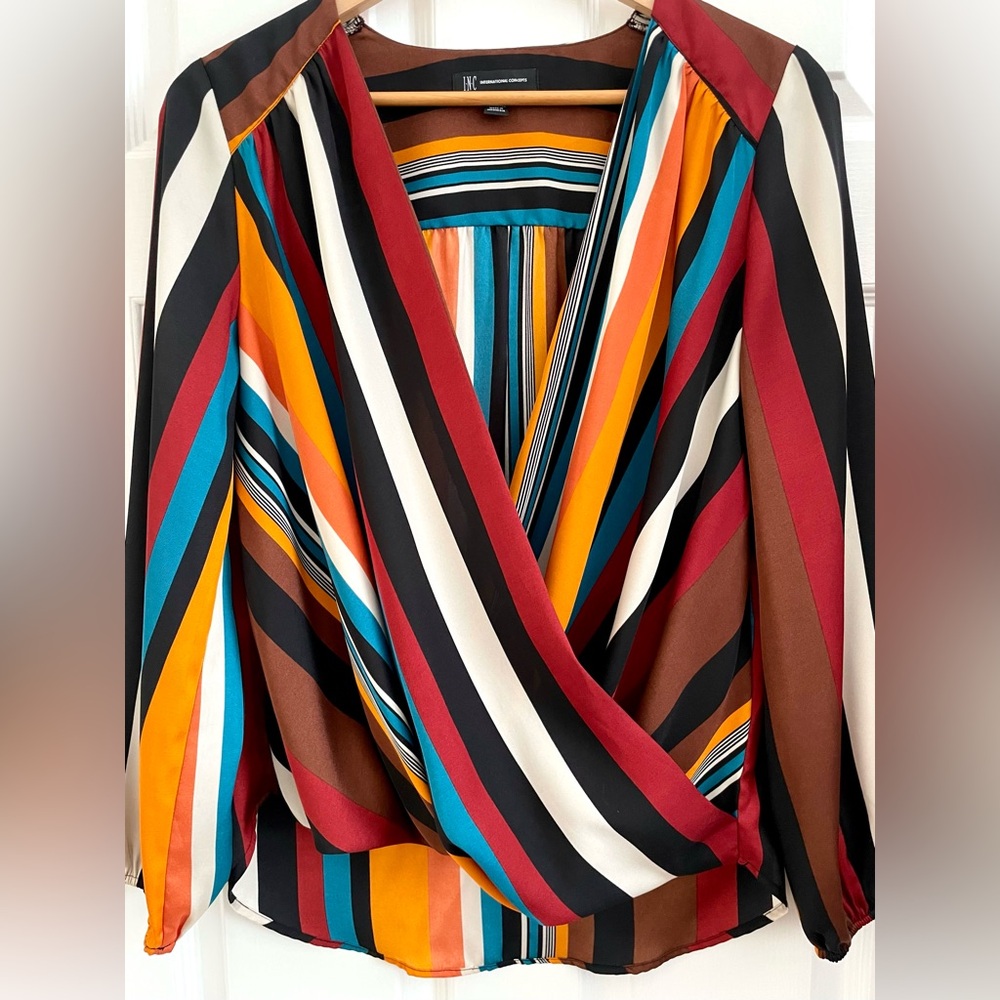 INC International Concepts Multicolor Striped Cross-Wrapped Women's Top